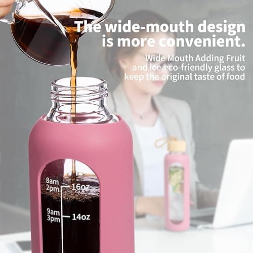 Glass Water Bottles 18oz/550ML, Water Bottle with Time Marker, Leakproof Glass Water Bottles with Silicone Sleeves, Suitable for Offices and Gyms, Pink thumbnail 5