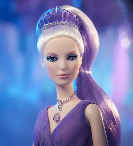 Barbie Crystal Fantasy Collection Amethyst Doll (13-in, Platinum Hair) with Genuine Amethyst Stone Necklace, Wearing Gown and Accessories, Gift for Collectors - Purple thumbnail 3