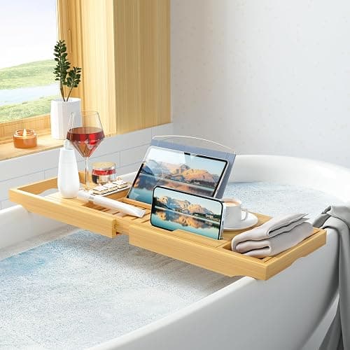 Sen Yi Bao Luxury Bamboo Bathtub Tray - Wooden Expandable Caddy with Book, Tablet, Wine Holder - Gift Idea thumbnail 4