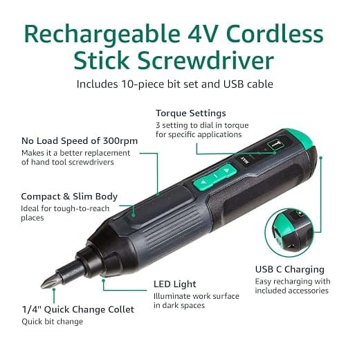Amazon Basics by SKIL 4V Cordless Stick Screwdriver with 10-Piece Bit Set and USB Cable thumbnail 4