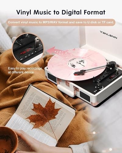 Vinyl Record Player Bluetooth Vintage 3-Speed Portable Suitcase Turntables with Built-in Speakers, Belt-Driven LP Player Support USB Recording AUX-in RCA Line Out Headphone Jack, White thumbnail 3