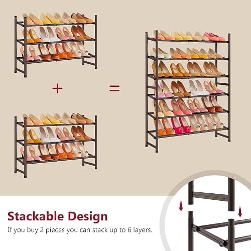 Tajsoon 3 Tier Expandable Shoe Rack for Closet, 28“-41“Adjustable & Stackable Shoe Shelf Storage, Metal Shoe Rack Organizer for Front Door Entrance, Closet, Garage, Entryway, Bronze thumbnail 6