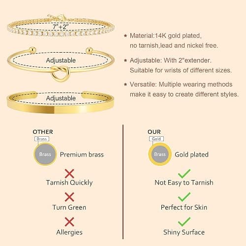Zalcon Gold Bangle Cuff Knot Bracelet for Women Stack Non Tarnish Gold Plated Cubic Zirconia Tennis Bracelets Jewelry Set for Women Trendy thumbnail 2