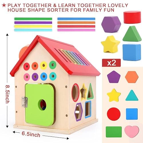 Wooden Shape Sorter Activity Cube, Montessori Toy for Toddlers 3+ Years Old | Multi-Functional Busy House Baby Color Sorting Educational Learning Toy, Birthday Gifts for Boys Girls thumbnail 2
