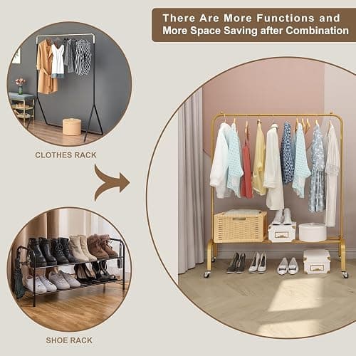 JIUYOTREE Metal Clothing Rack with Wheels 43.3 Inches Rolling Clothes Garment Coat Rack with Bottom Shelf Clothing Rack for Hanging Clothes Coats Skirts Shirts Sweaters Gold thumbnail 5