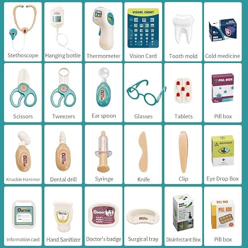 Deejoy Toy Doctor Kit for Kids，Doctor Role Play Costume，Medical Bag，Eye Chart，Thermometer，Stethoscope，Pulse Machine，24 Piece Pretend Medical Station Set for Boys & Girls ，Great Gift for Toddler thumbnail 6