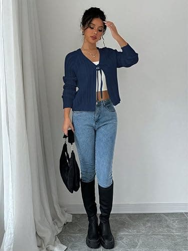 Narecte Cardigan Sweaters for Women V Neck Cropped Bow Tie Front Cardigan Long Sleeve Tops Knit Fall Winter Outfit thumbnail 5