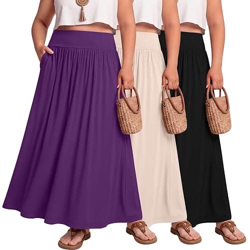 Ficerd 3 Pack Plus Size Maxi Skirts for Curvy Women Pockets Casual 2026 Boho Summer Flowy Long Skirt a Line High Waist Dress - Image 1