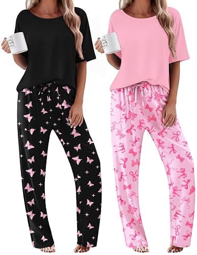 Ekouaer 2 Pack Womens Pajama Sets Short Sleeve Tops and Long Pants Casual Comfy Pjs Lounge Set with Pockets,S-XXL - Image 1
