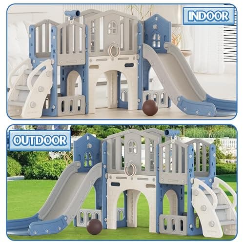 8 in 1 Toddler Slide Set, Kids Slide for Toddlers Age 1-3, Toddler Climber Slide PlaySet with Basketball Hoop and Ball, Outdoor Indoor Kids Playground for Toddlers 1-3, Blue Grey thumbnail 8