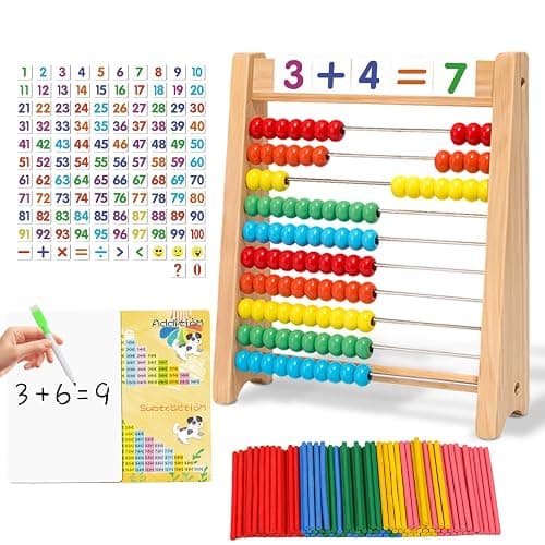 Ranqibo Wooden Abacus for Kids Math - 10-Row Counting Toy with 100 Beads, Number Cards & Counting Sticks, Educational Counters for Kids Math Gift for Age 3 4 5 6 7 Year Old Boy Girl - Image 1