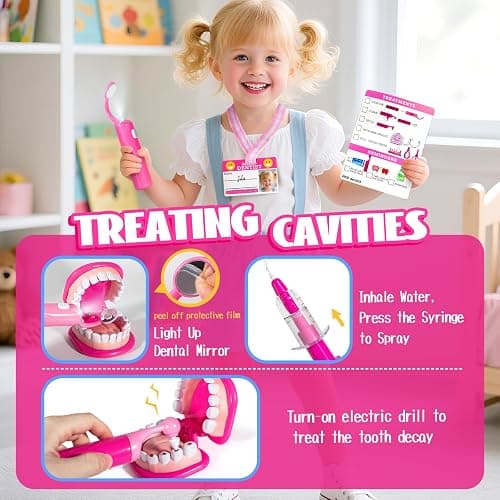 ULOVEME Kids Dentist Play Set Pink with Braces /Removable Teeth /Retainer - Doctor Kit for Toddlers 3-5 - Educational Toys for 4+ Year Old Girls - Pretend Play Toy for Ages 5-7 (Fushia) thumbnail 5