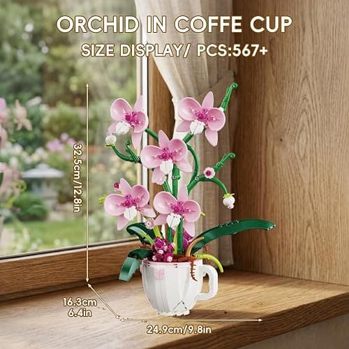 LQPFBSM Pink Orchid Flower Botanical Building Block Set 567 Pcs | Bouquet in Coffee Cup Model Kit Elegant Home Office Desk Decor Creative Plant Craft Gift for Women Adults thumbnail 3