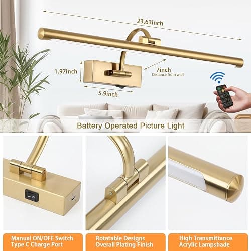 Tassuowell Picture Light Battery Operated with Remote, 3CCT Dimmable Picture Light for Paintings, Brass Rechargeable 24 inch Battery Operated Wall Sconce for Art Lighting Gallery Portrait Artwork thumbnail 3