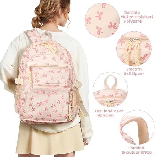 Cohawk Bow Backpack for Women Coquette Aesthetic Nylon Rucksack Cute Kawaii Backpack 3Pcs Set With Bow Pattern thumbnail 4