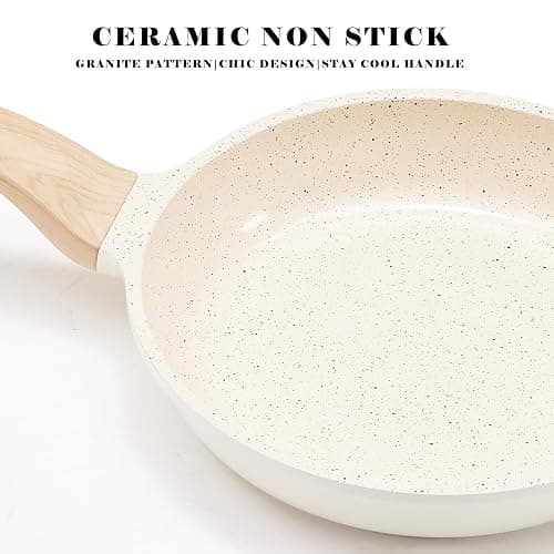 Vkoocy Non Stick Pots and Pans Set Ceramic Cookware Set with Granite Dot, 3pcs Kitchen Cooking Sets Frying Pan Saucepan, No PTFE, No PFAS, Bright Cream thumbnail 5