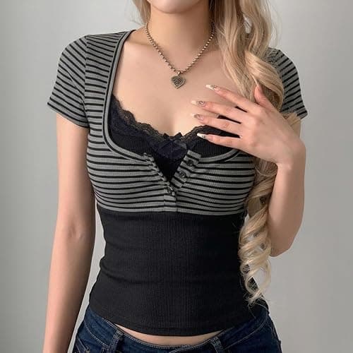 Hesaco Short Sleeve Tops for Women Y2K Patchwork Tees Casual Slim Fit T-Shirt with Front Tie Summer Outfit Streewear thumbnail 2