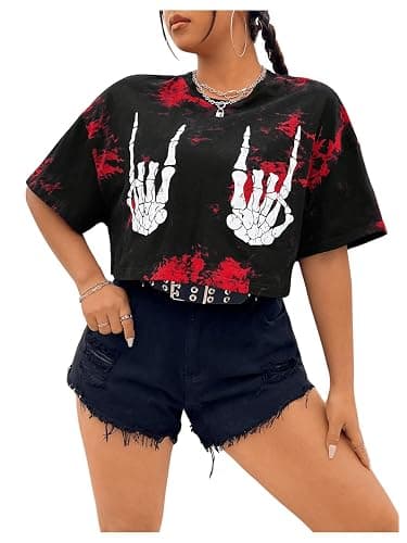 SOLY HUX Women's Plus Size T Shirt Tie Dye Skull Graphic Print Half Sleeve Tee Crop Tops thumbnail 3