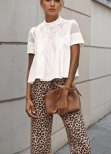 Burtell Women Swing Lace Blouse Summer Mock Neck Puff Short Sleeve Mesh Tops See Through A-Line Pleated Shirts Babydoll Top thumbnail 2