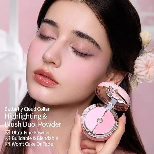 Butterfly Cloud Collar Rouge Box Highlighting & Blush Duo Powder, Flower Know Pink Matte Finish Blush & Highlighter Palette, Buildable & Blendable Makeup for Cheeks (Pastel Lotus) thumbnail 3