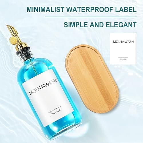 TOLDATLI Mouthwash Dispenser for Bathroom, Glass Mouthwash Dispenser with Cup, Mouth Wash Container Bottle with Cup, Refillable Mouthwash Decanter, Clear, 1 Pack, 17oz, with Wooden Tray thumbnail 5