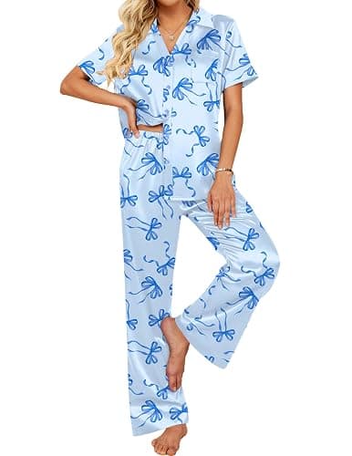 Ekouaer Silk Pajamas for Womens Set 2 Piece Fall Pjs with Pockets | Satin Short Sleeve Sleepwear, Soft Button Down Tops/ Wide Leg Pants for Lounging, Date Nights, Honeymoon, Bridal Wedding Day - Image 1