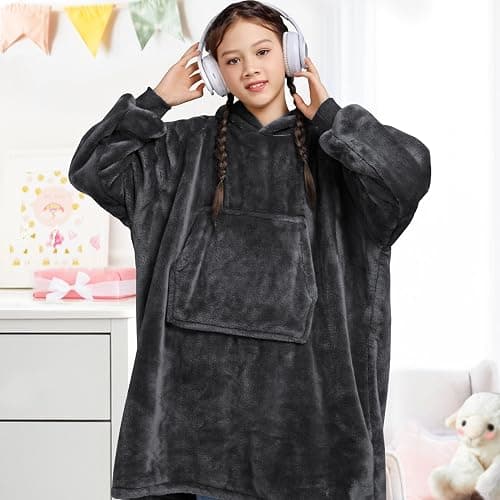 Waitu Wearable Blanket for Kids, Cozy Wearable Blanket Hoodie for Teens Girls Boys, Warm Blanket Sweatshirt Gift for Teenage, Hoodie Blanket with Sleeves and Giant Pocket - Dark Gray thumbnail 2