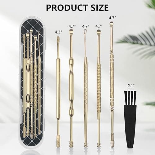 Hion 6 Pcs Extended Ear Wax Removal Kit,Professional Double-Headed Ear Pick Earwax Removal Tools,316L Stainless Steel Ear Cleaner Curette with Cleaning Brush and Storage Box,Suit for Kid Adult(Gold) thumbnail 6