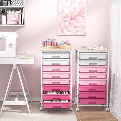 Rolling Cart with Drawers,Storage Cart with 8 Drawers and Wooden Tabletop,Utility Cart for Living Room,Classroom, Bedroom,Bathroom,Dorm,Office,Rose Pink thumbnail 7
