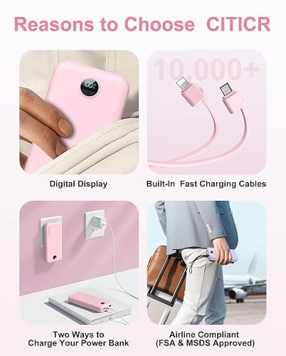citicr Portable Charger Power Bank, 12000mAh 22.5W USB C Fast Charging with Built-in Cables and Wall Plug, Travel Essential Battery Pack with LED Display for iPhone, iPad, Samsung Pink thumbnail 7