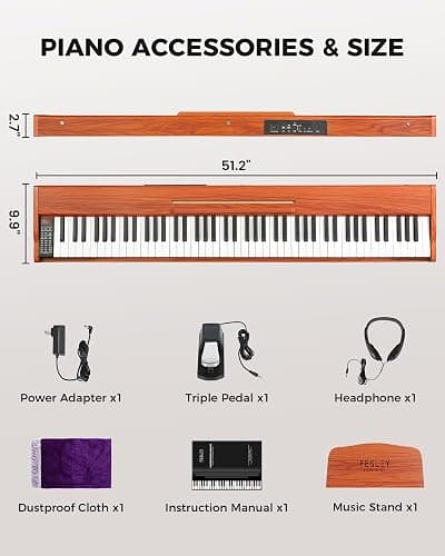 Fesley Weighted Piano Keyboard 88 Keys: Full Size Electric Keyboard Piano for Beginners, Portable 88 Key Keyboard with Daul Speaker,Sustain Pedal,Power Adapter,Support Bluetooth,USB MIDI,FEP300, Brown thumbnail 4
