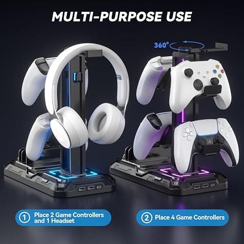 KDD Headset Stand with Charging Station - Detachable Controller Holder with 9 Light Modes - Rotatable Headphone Hanger with USB A&C Charger Ports - Earphone Hook for PC Gaming Accessories Storage thumbnail 7