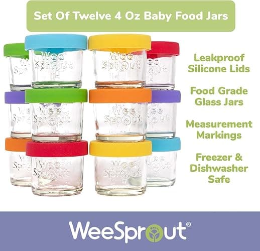WeeSprout Glass Baby Food Storage Jars w/Lids (4 oz, 12 Pack Set) Snack, Puree, Reusable Small Containers, Breast Milk, Fridge or Freezer, Microwave & Dishwasher Safe, Essential Must Have for Infants thumbnail 5