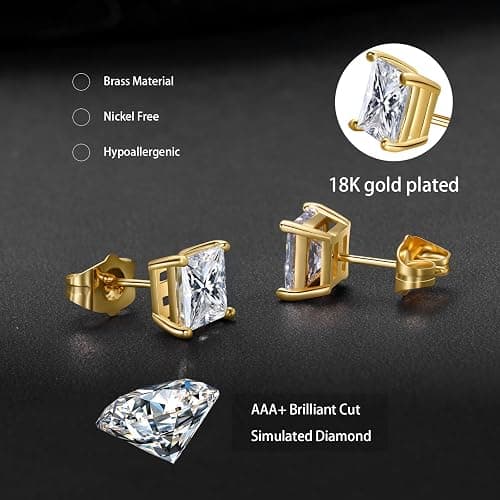 Gemsme 5 Pairs Princess Cut Cubic Zirconia Stud Earrings for Women/Men - 18K Gold Plated Hypoallergenic 3-7mm Square Clear CZ Earring Set thumbnail 3