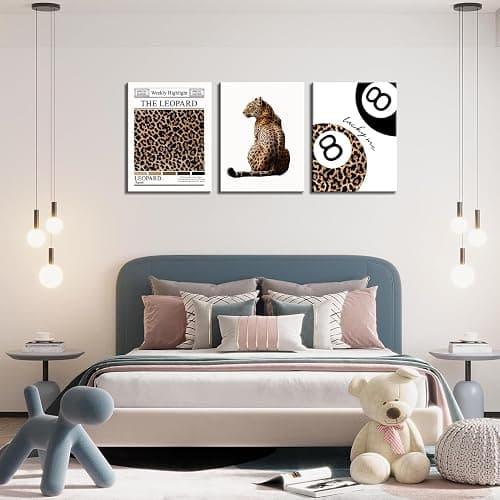 Set of 3 Trendy Leopard Canvas Wall Art Funky Lucky 8 Ball Posters Prints Preppy Room Aesthetic Cheetah Wall Decor Pictures for Girly Bedroom Apartment Dorm 16x24in thumbnail 4