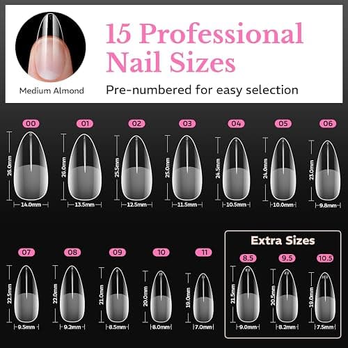 Medium Almond Nail Tips, 600pcs Soft Gel Nail Tips Pre Etched 15 Sizes | Half Matte Full Cover Acrylic Fake Nails, Clear Press On Nail Extensions for DIY Manicure at Home Nail Art thumbnail 6