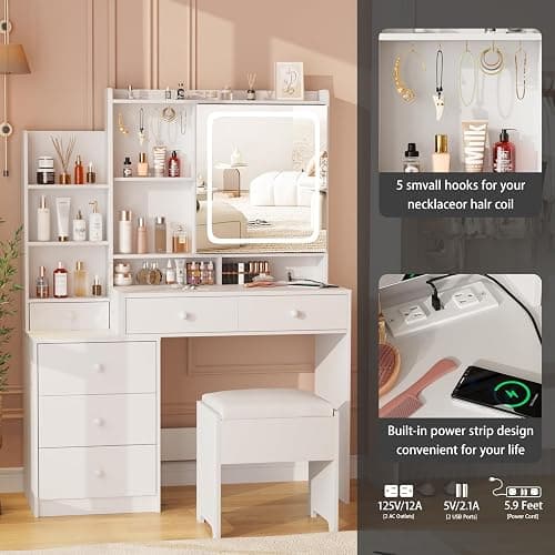 Vabches Vanity Makeup Mirror Desk with Stool,Makeup Vanity Set with 6 Drawers and Shelves,Vanity Table with Power Strip,Vanity Mirror 3 Lighting Color Adjustable,White thumbnail 5