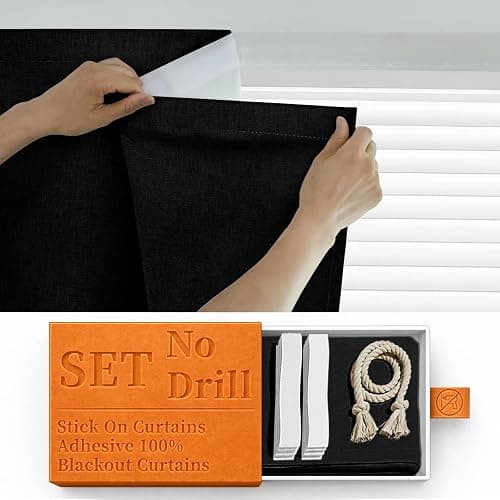 Sovtfides 100% Blackout Magic Tape Stick On Curtains Window Shades Pull Down Blackout Window Cover No Drillng Self Adhesive Curtains No Rod Small Windows, W35 x L60 inch, 1 Panel, Black - Image 1