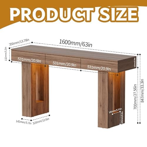 PAKASEPT 63-Inch Long Console Table with Colorful LED Lights and 3 Drawers, Wooden Rectangular Sofa Table Behind The Couch, Farmhouse Entryway Table for Entrance, Hallway, Living Room thumbnail 2