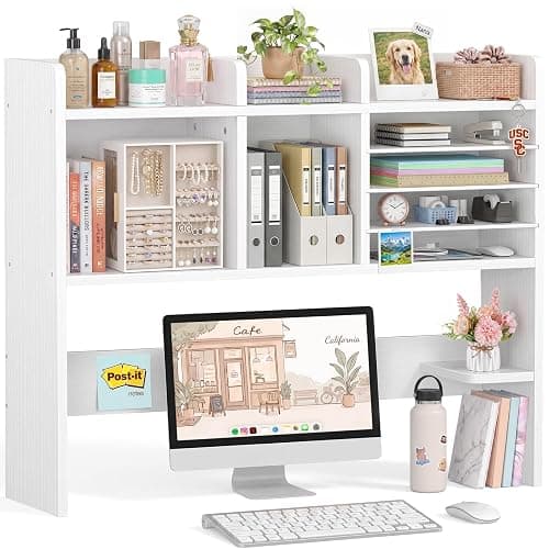 NUTIKAS Desktop Bookshelf for Computer Desk - 36" Desk Hutch Organizer with 4-Tier Paper Tray, Tabletop Storage Rack for College Dorm Room Essentials, Home Office Shelving, White - Image 1