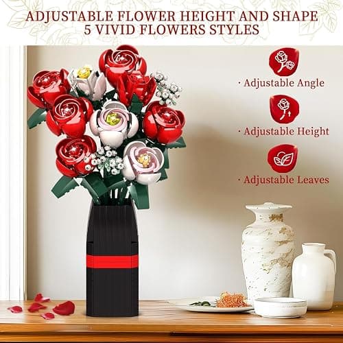 Roses Flower Bouquet Building Kit, 841PCS Red Roses Artificial Flowers with Vase, Botanical Collection Forever Rose Toy for Adults, Kids, DIY Gifts for Women, Her, Him Anniversaries thumbnail 4
