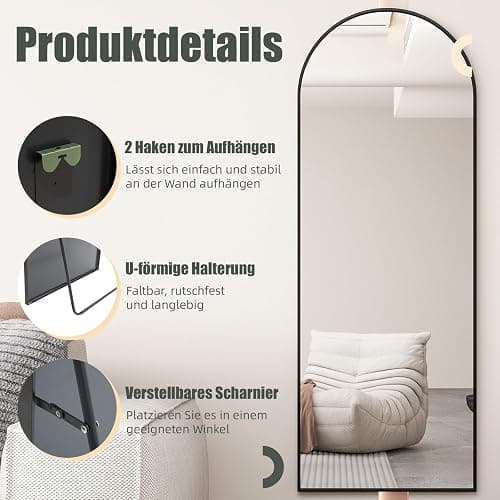 AUFHELLEN Bogen Ganzkörperspiegel 165x60cm, Gewölbter Spiegel mit Schwarz Metallrahmen Standspiegel HD Groß Bodenspiegel Wandspiegel mit Haken für Wohn-, Schlaf- und Ankleidezimmer Spiegel thumbnail 2