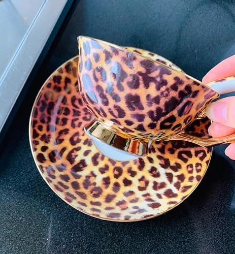Eplze® YBK Tech Euro Style Bone China Cup& Saucer Set, Ceramic Tea Coffee Cup for Home Kitchen Wedding (Leopard Pattern) thumbnail 4