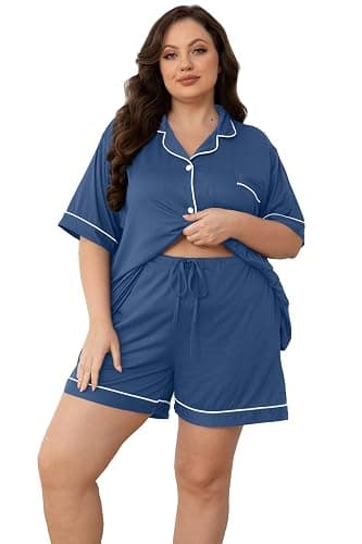 Givtzzod Women Plus Size Pajamas Button Down Short Sleeve & Shorts Nighty | Classic Button Down PJS, Summer Outfit Soft Pajamas, Comfy Pjs, Casual Lounge Set, Bride Sleepwear Plus Size XL to 5XL Nighty - Image 1