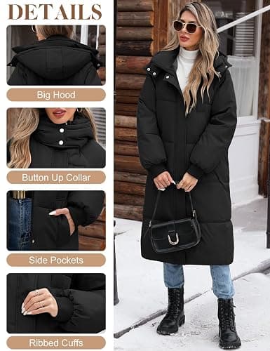 Uikue Women's Long Puffer Coat - Warm Winter Quilted Jacket Full Length Zip Up Down Coat Thickened Puffy Parka with Hood thumbnail 3
