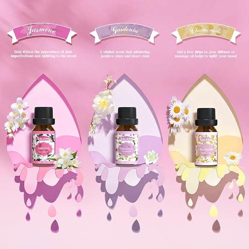 SALKING Floral Essential Oils Set, Premium Pure and Natural Essential Oils, Fragrance Oil Scented Oils for Oil Diffusers 6 x 10 ML - Lavender, Rose, Jasmine, Cherry Blossom, Gardenia, Chamomile thumbnail 4