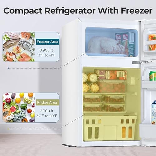 Havato 3.2 Cu.Ft Mini fridge with Freezer, Double Door Compact Refrigerator, Retro Mini Refrigerator for Dorm, Office, Bar, RV, Bedroom, (White) - White - 3.2 cu.ft thumbnail 3
