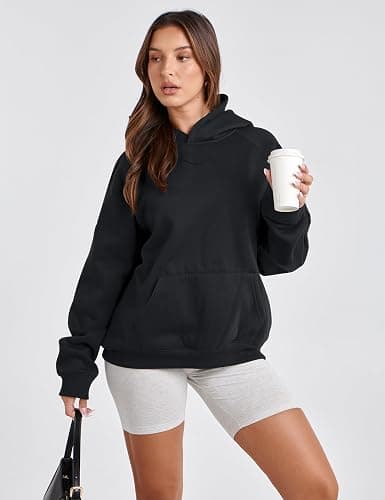 Lauweion Women Solid Basic Fleece Letter Loose Hoodie Sweatshirt Long Sleeve Kangaroo Pocket Drop Shoulder Pullovers Top thumbnail 4