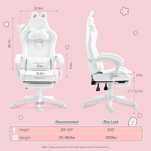 Dowinx Gaming Chair Cute with Cat Ears and Massage Lumbar Support, Ergonomic Computer Chair for Girl with Footrest and Headrest, Comfortable Reclining Game Chair 290lbs for Adult, Teen, White thumbnail 3