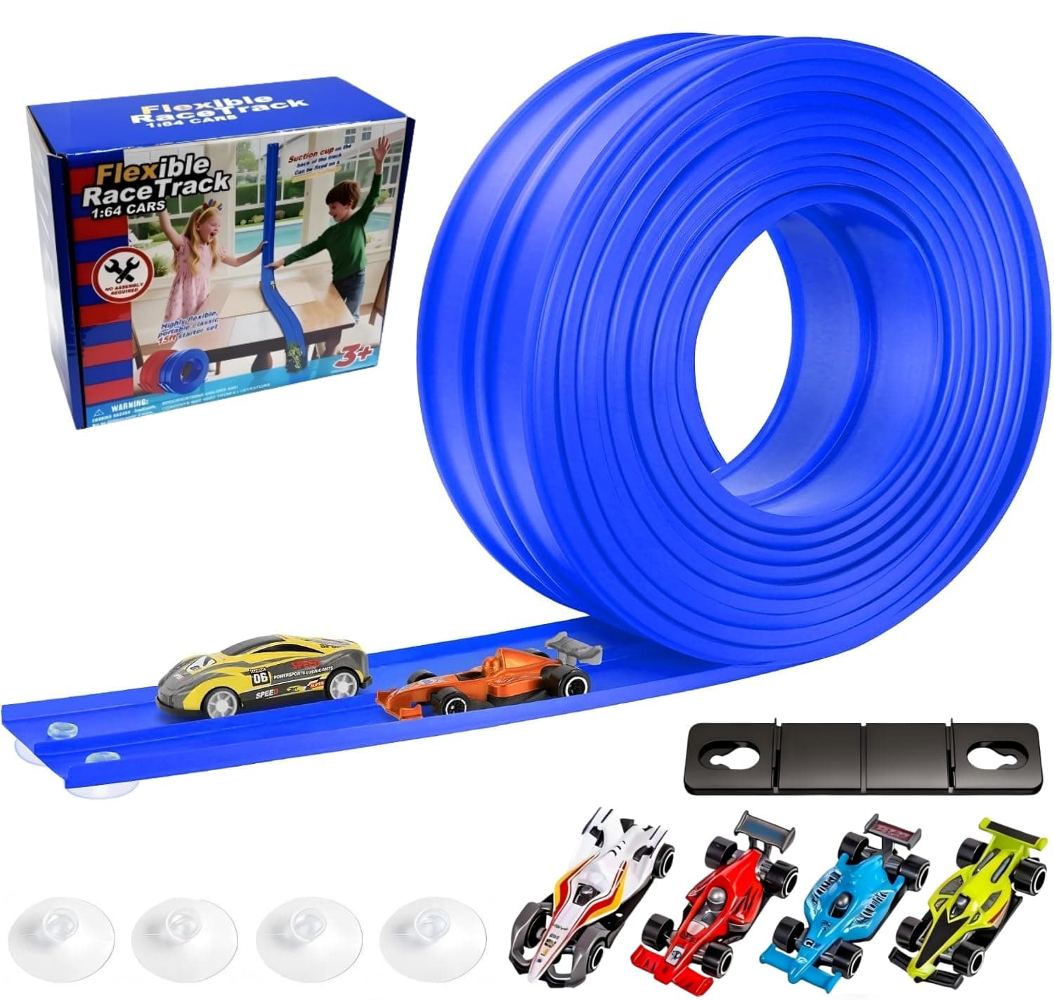 Flexible Race Car Track,16 Ft/5M Portable Dual Sided Racetrack with 4 Car & Suction Cups, Compatible with Hot Wheels & 1/64 Diecast Cars, Classic Long Rolls Up Race Track for Boys Girls (Blue) - Image 1